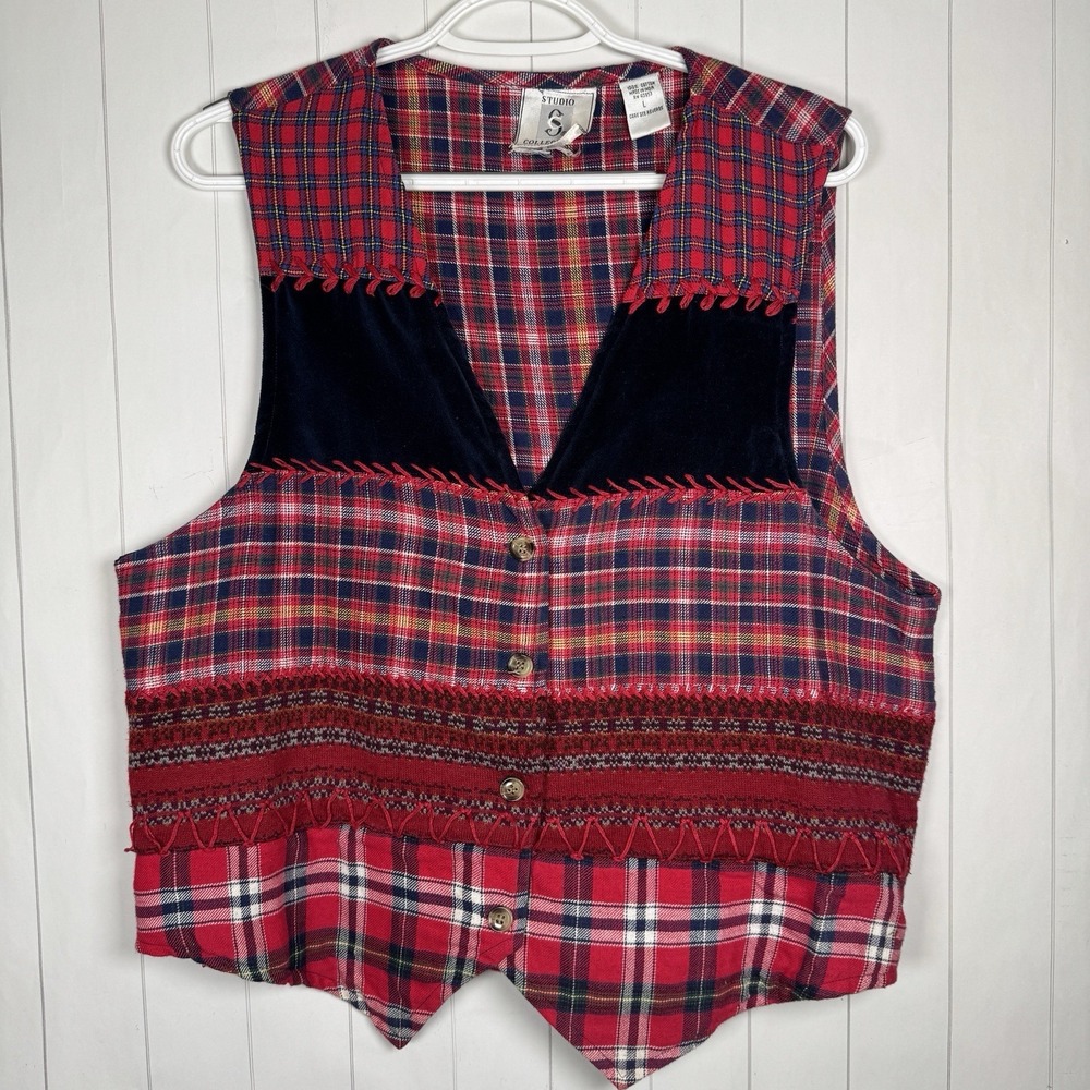 VTG Patchwork Red‎ Plaid Cotton Vest Granny Teacher Prairie Peasant Farmhouse L
